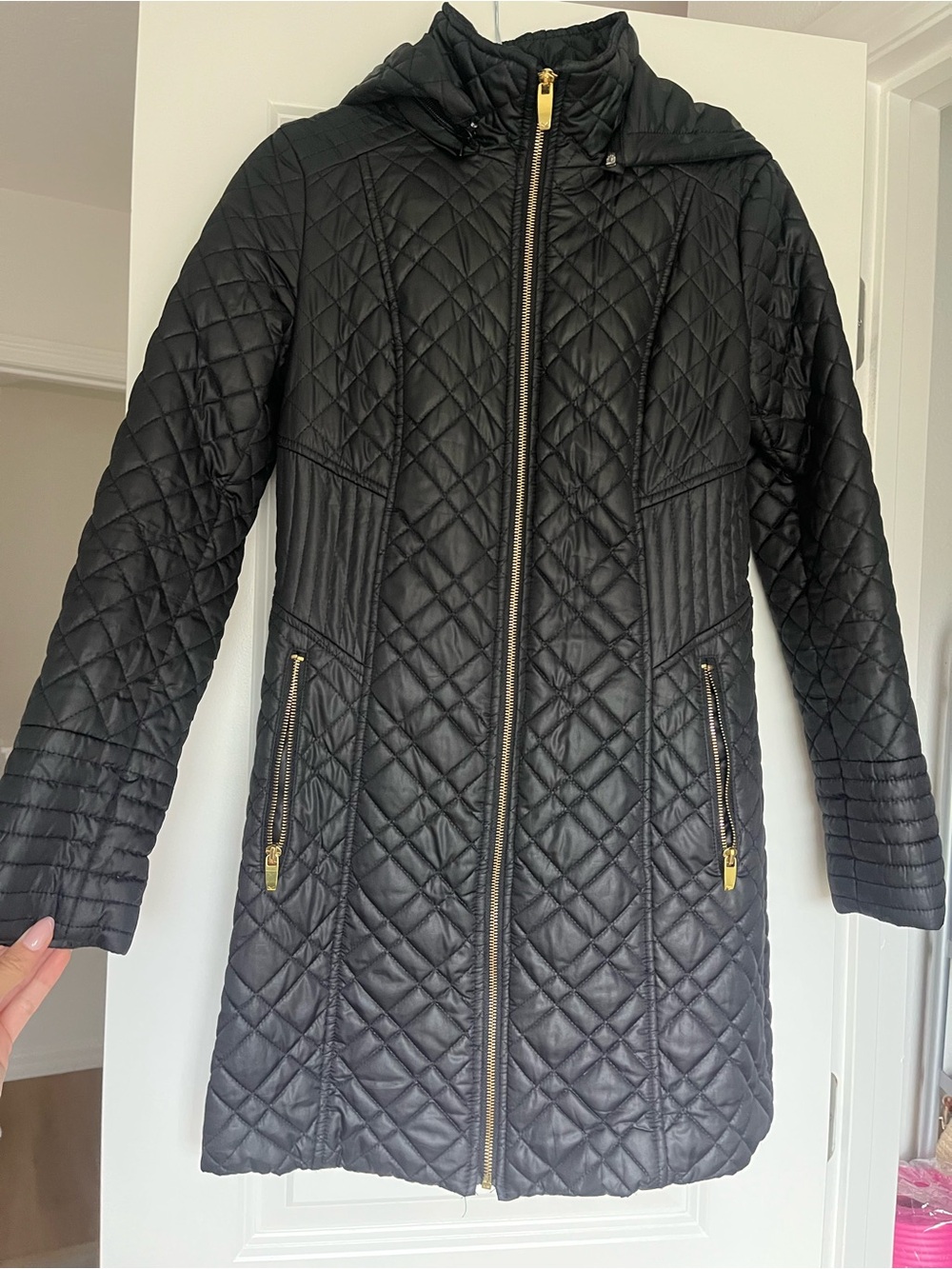 Via Spiga Black Quilted Hooded Puffer Coat with Gold Zippers